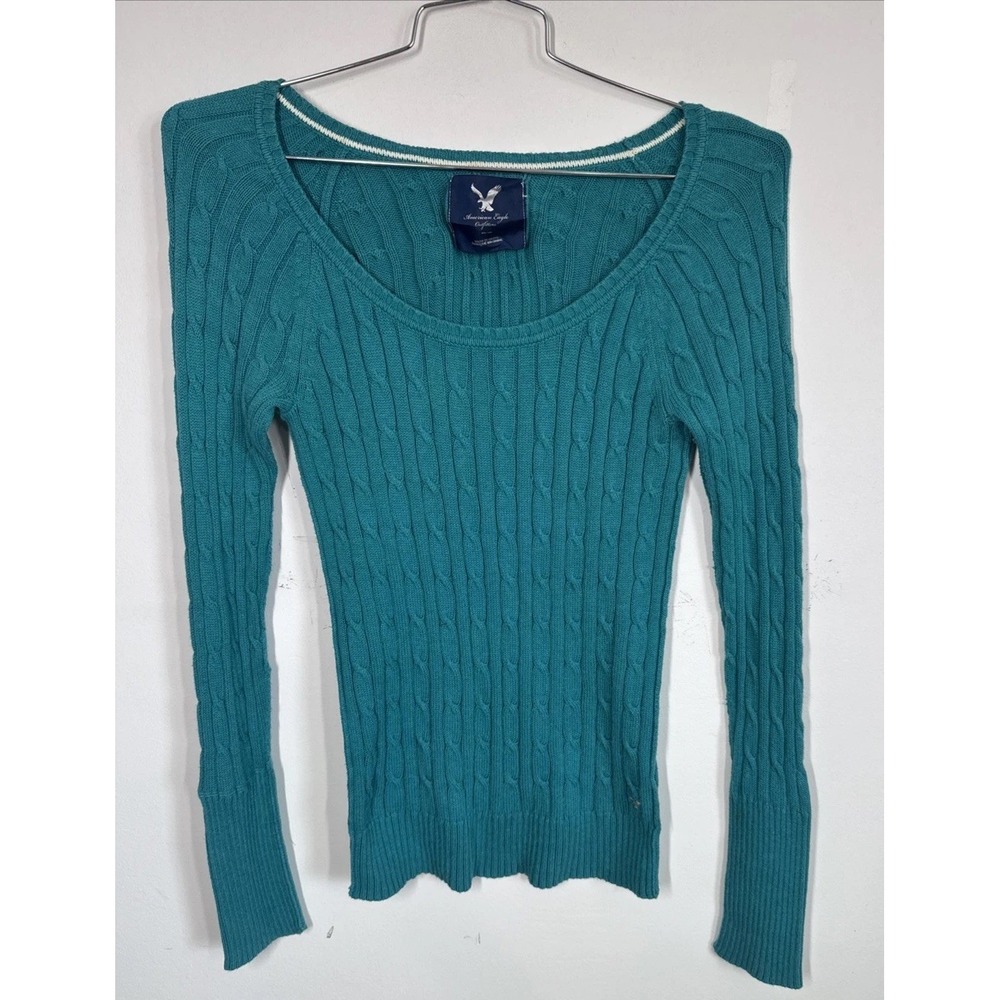 Vtg American Eagle Sweater Women's M Teal Cable Knit‎ Scoop Neck Y2K Logo Retro